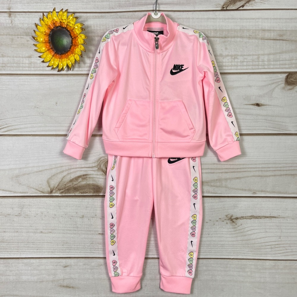 Nike Girl's Pink Heart Tracksuit Set Jacket Pants Full Zip Toddler 24M hearts